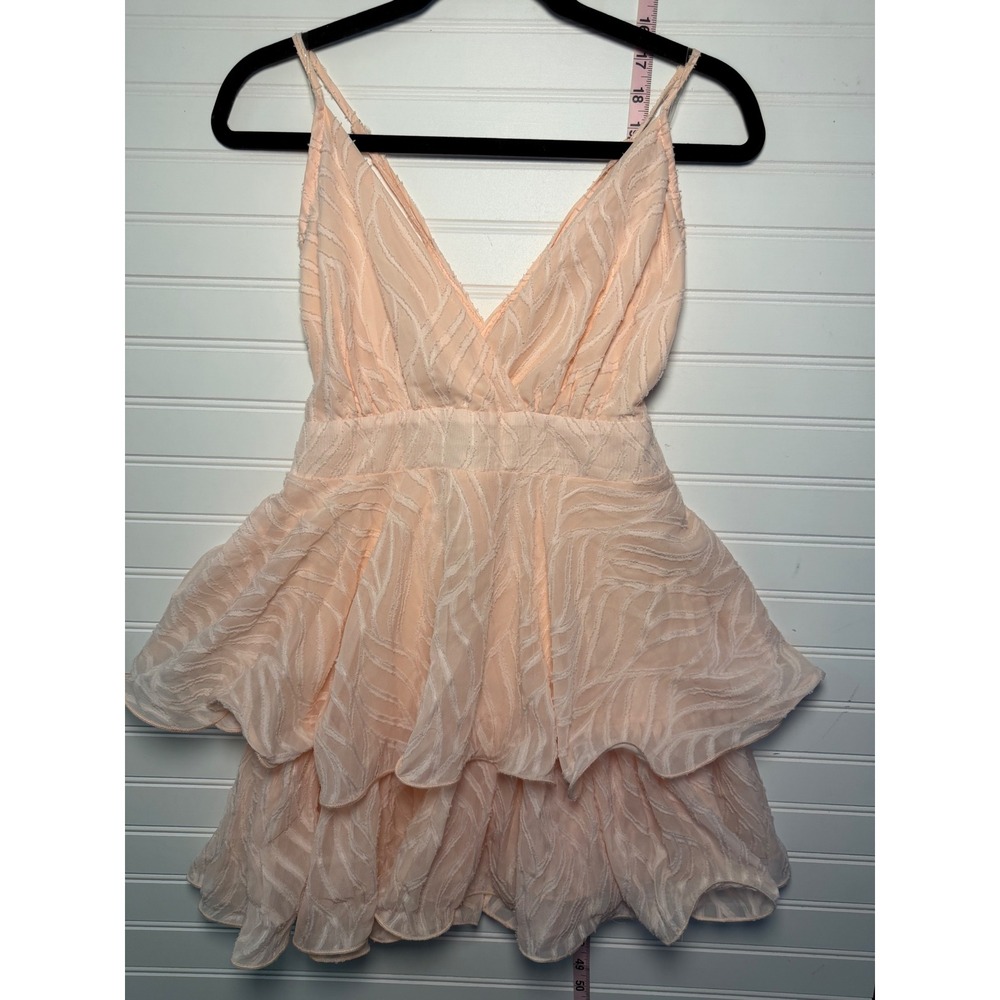 @Balance Peach Textured Leaf Tiered Ruffle Mini Dress V-Neck Bow Back Large